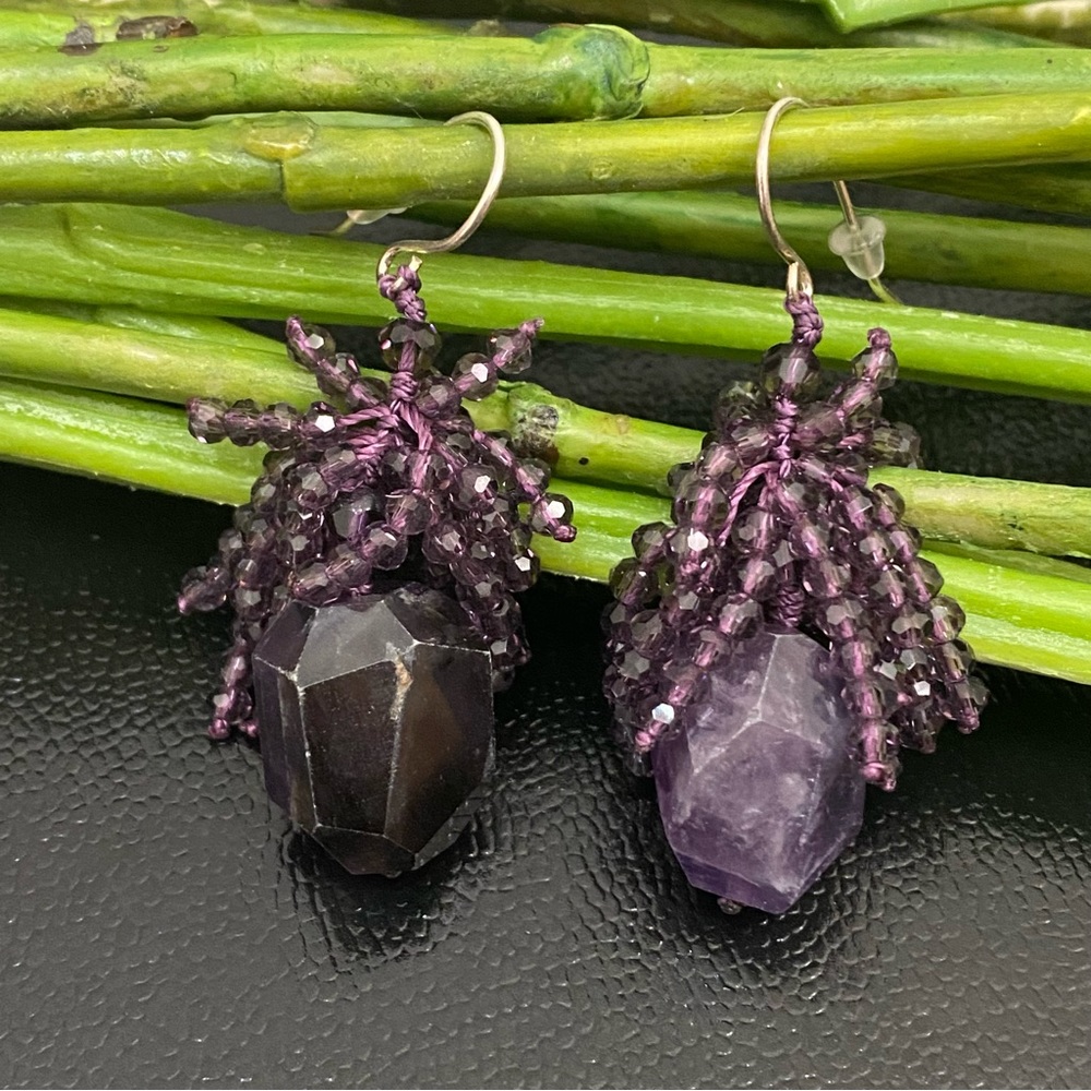 Handmade Amethyst Crystal Cluster Beads Drop Earrings